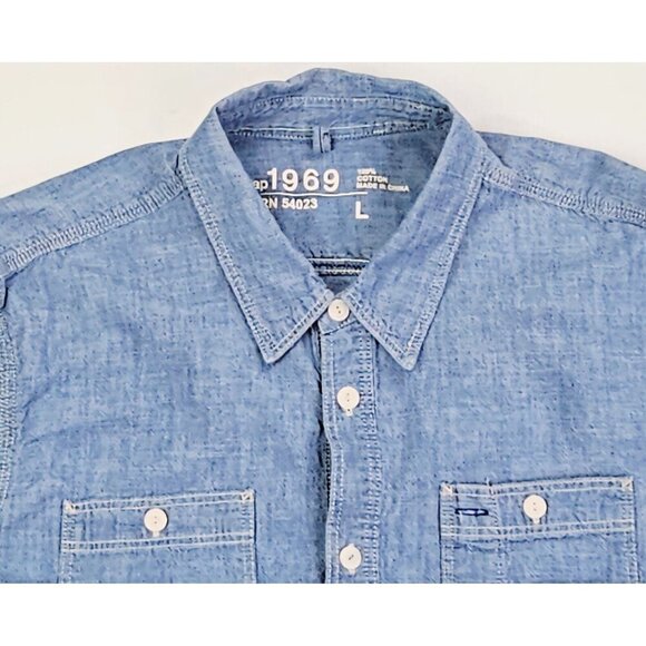 Gap 1969 Size Large Mens Blue Iconic Worker Chambray Denim Long Sleeve Shirt - Picture 5 of 10
